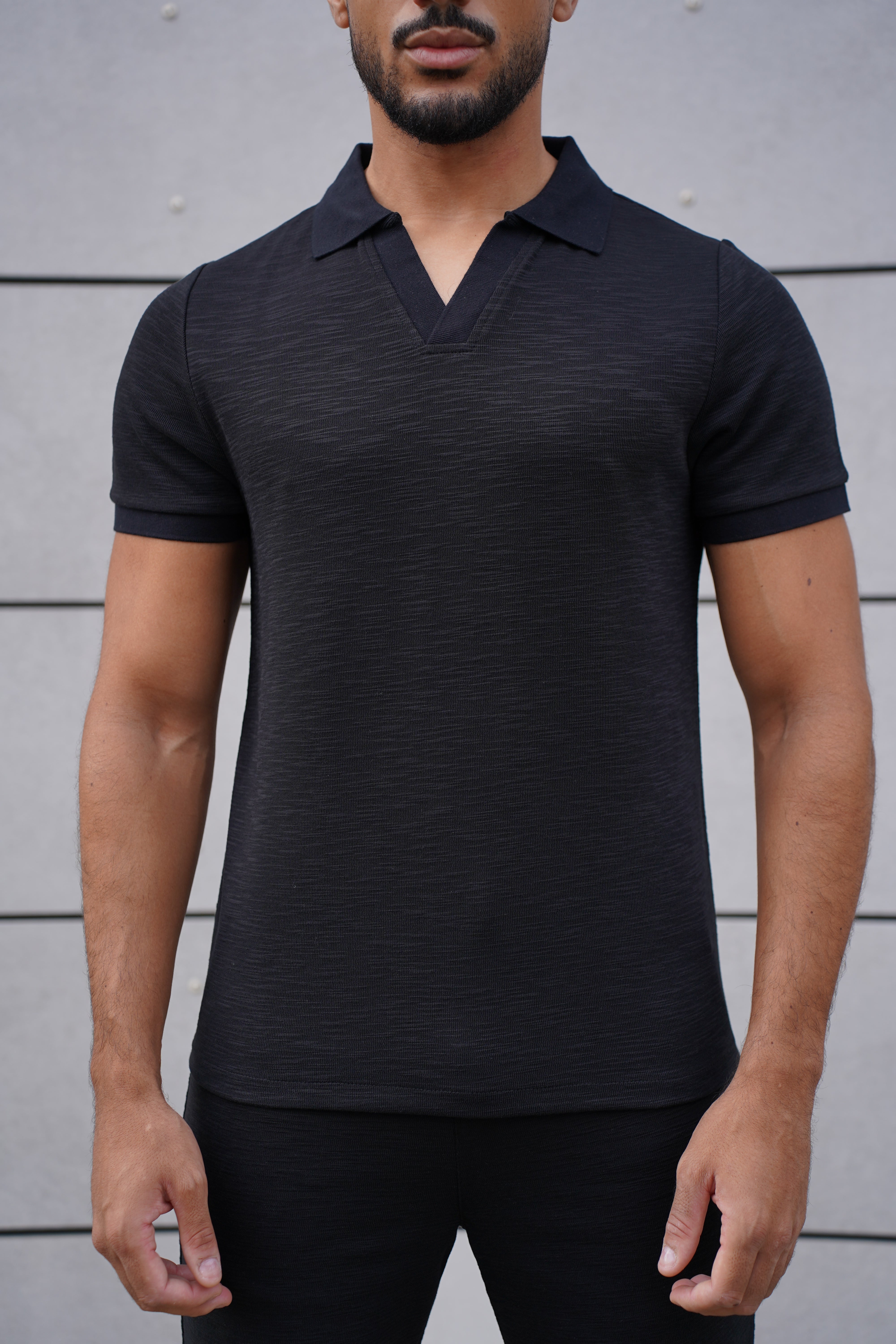 CAPO Jersey Slub Cuban Black Polo Shirts